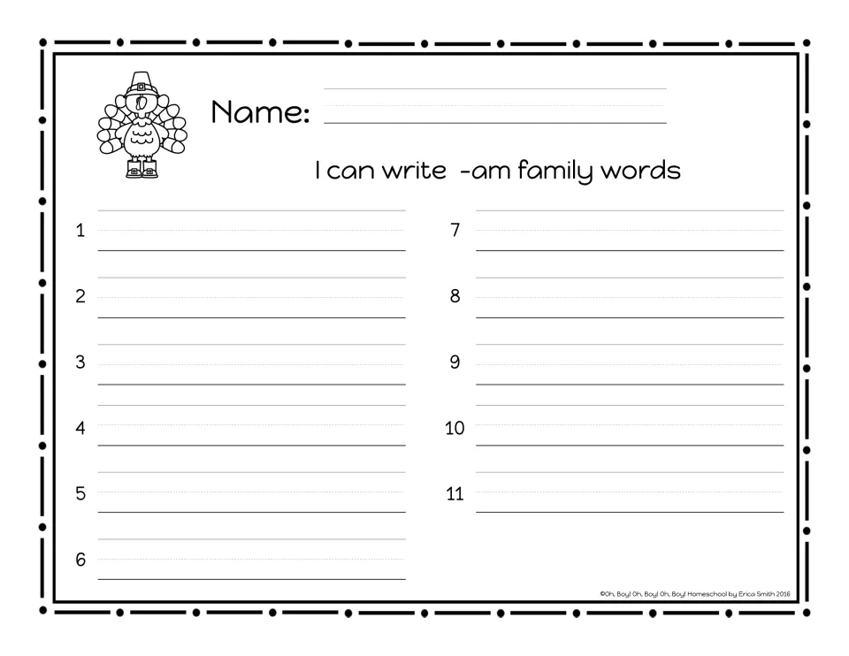 Writing page 'I can write -am family words' with a name line and 11 numbered spaces for the words read