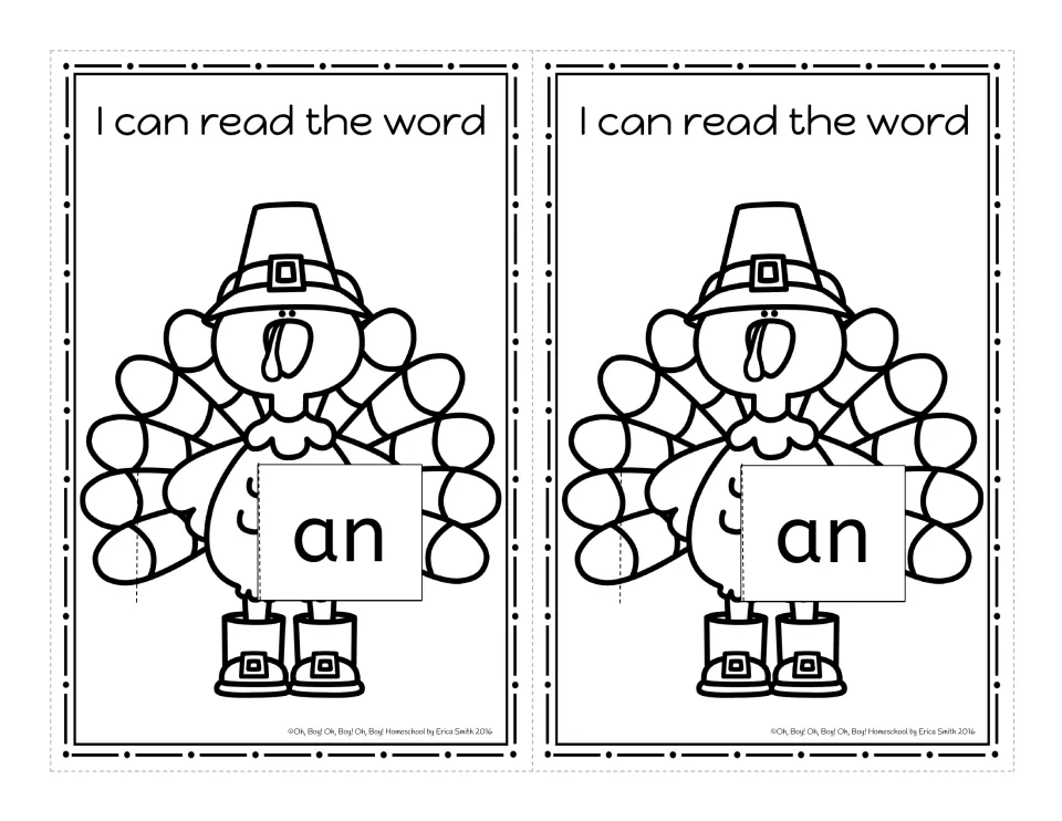 Black-and-white -an turkey word card, 'I can read the word', two copies on the sheet