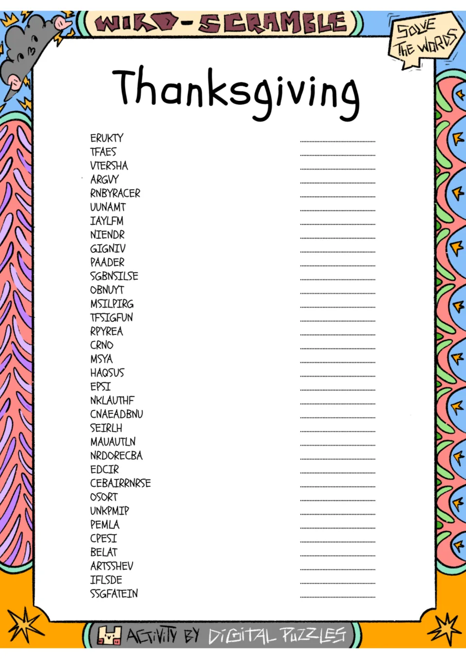 Thanksgiving word scramble: students unscramble 34 holiday words such as ERUKTY and TFAES, writing each on the line