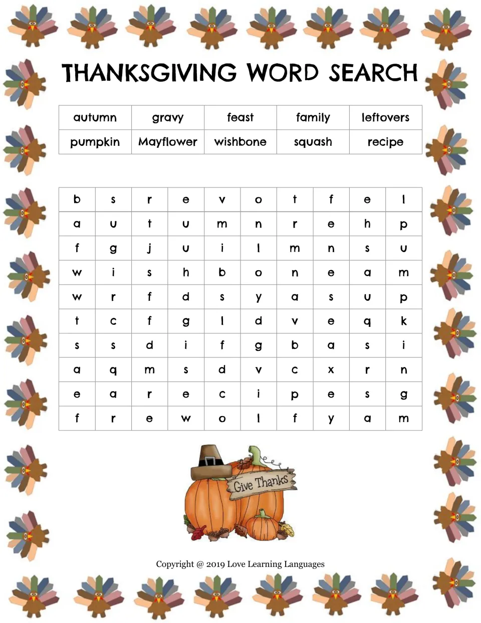 Thanksgiving word search: students find 10 words such as gravy, Mayflower, wishbone and leftovers in a letter grid