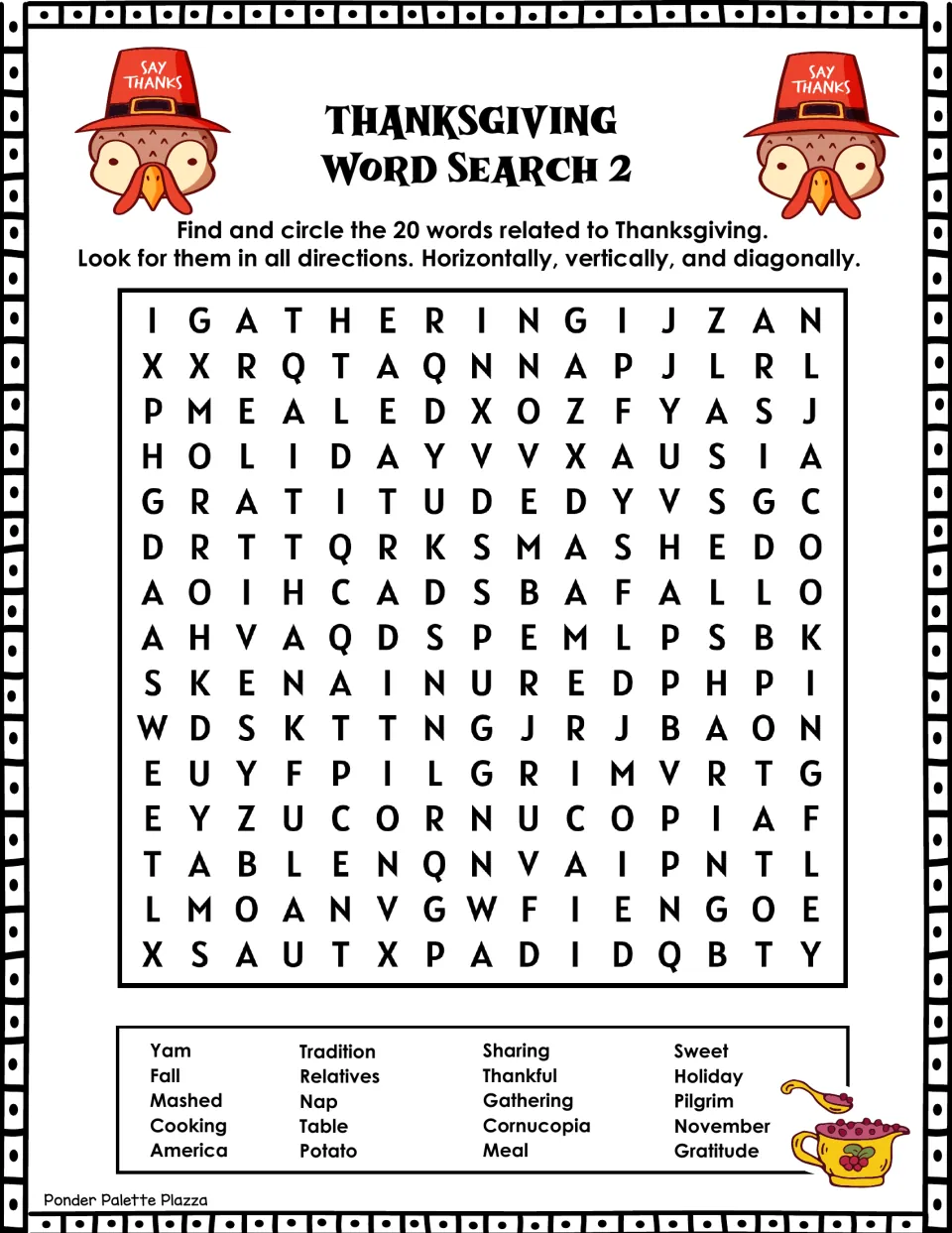 Thanksgiving Word Search 2: students circle 20 words like cornucopia, gathering, tradition and November in any direction