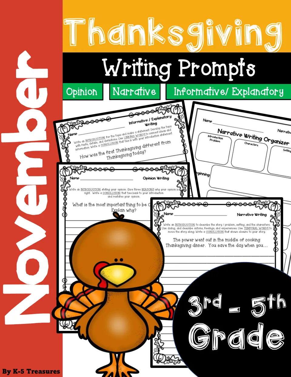 Cover for November Thanksgiving writing prompts in opinion, narrative and informative/explanatory styles, with a turkey