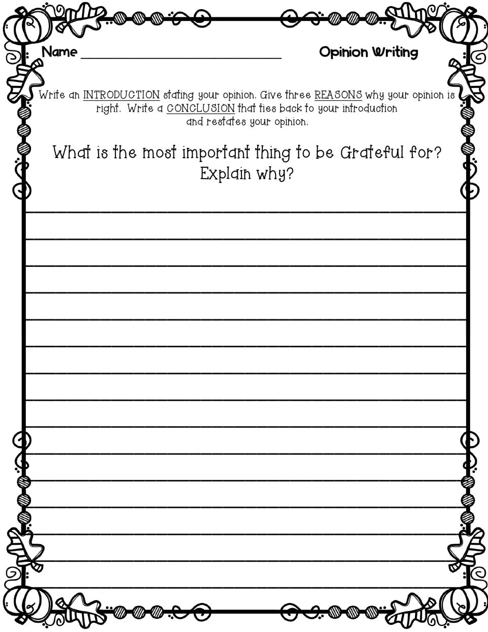 Opinion prompt on the most important thing to be grateful for: students state an opinion, give three reasons and conclude