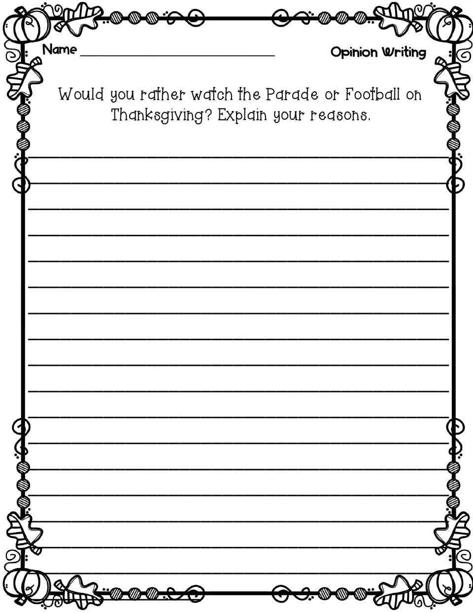 Parade or football opinion prompt with no directions: students choose one to watch on Thanksgiving and explain why