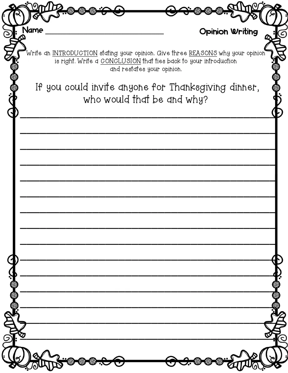 Opinion prompt on who students would invite to Thanksgiving dinner: they name anyone, give three reasons and conclude