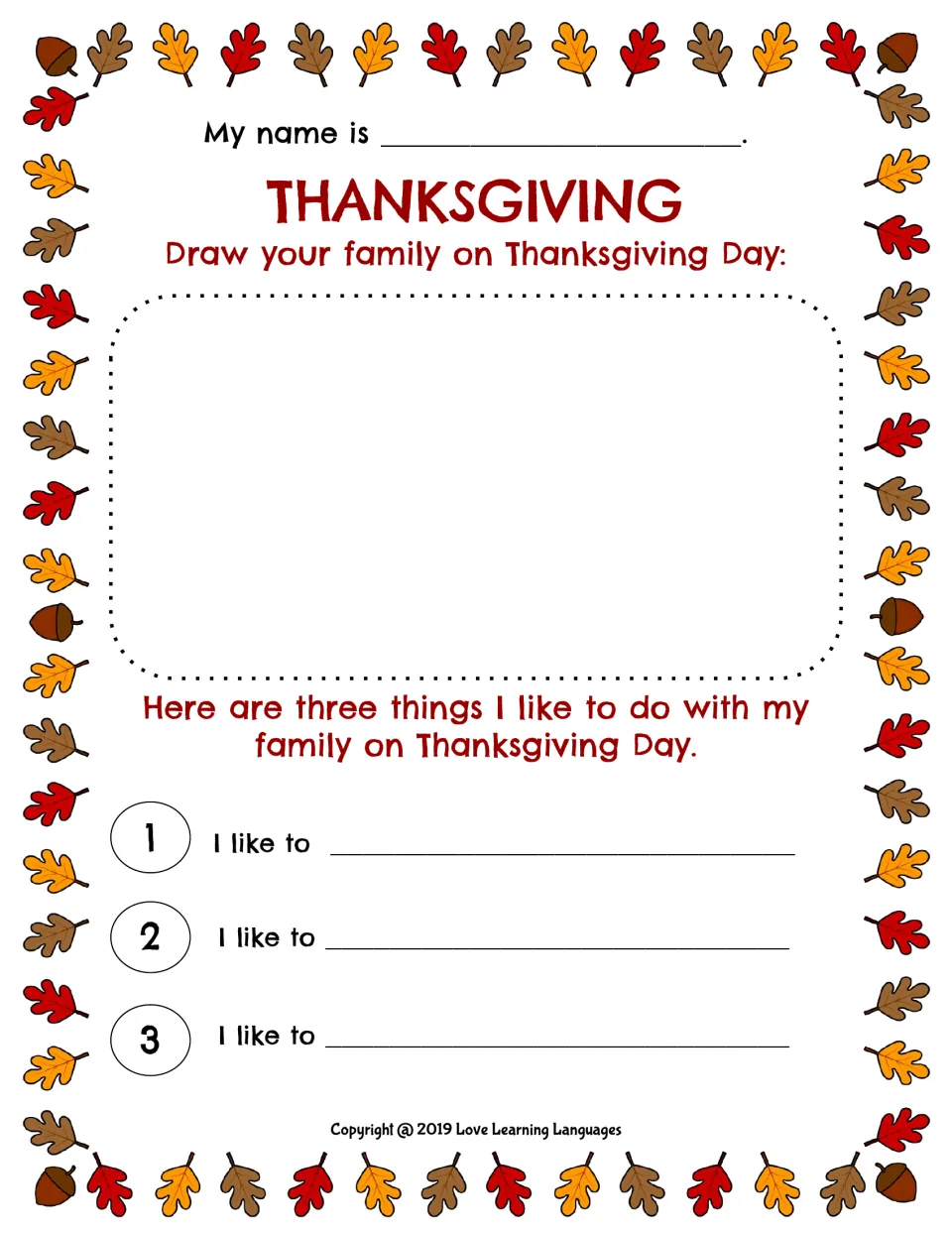 Thanksgiving drawing and writing worksheet: draw your family and finish three 'I like to' statements