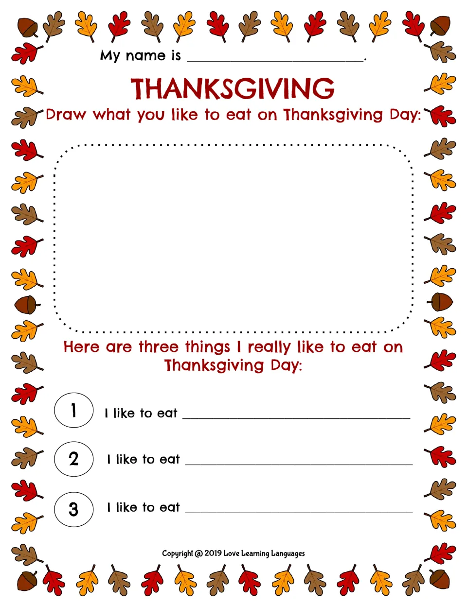 Thanksgiving drawing and writing worksheet: draw foods you like and finish three 'I like to eat' statements