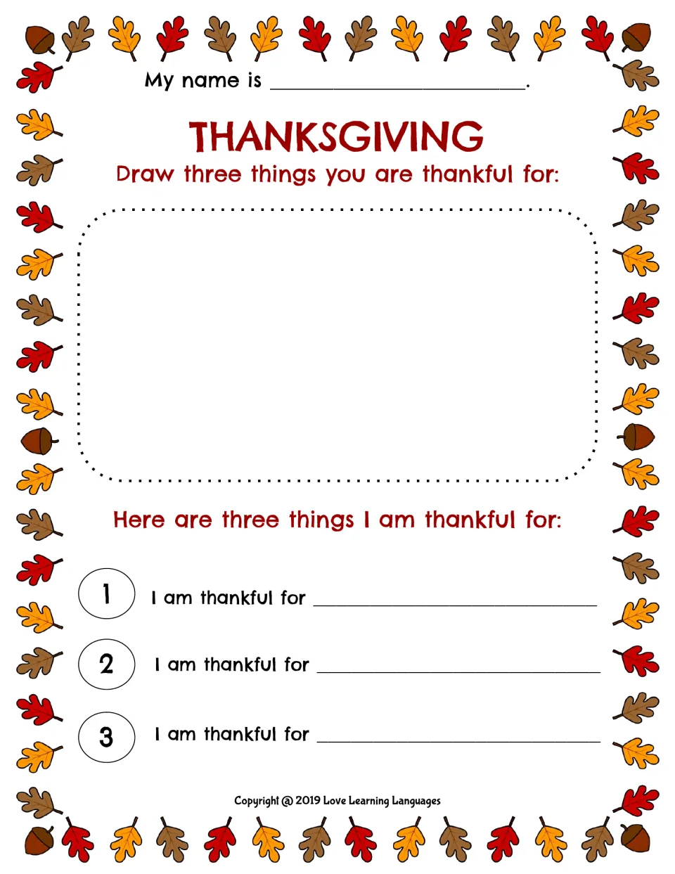 Thanksgiving gratitude worksheet: draw three things you are thankful for and finish three matching statements