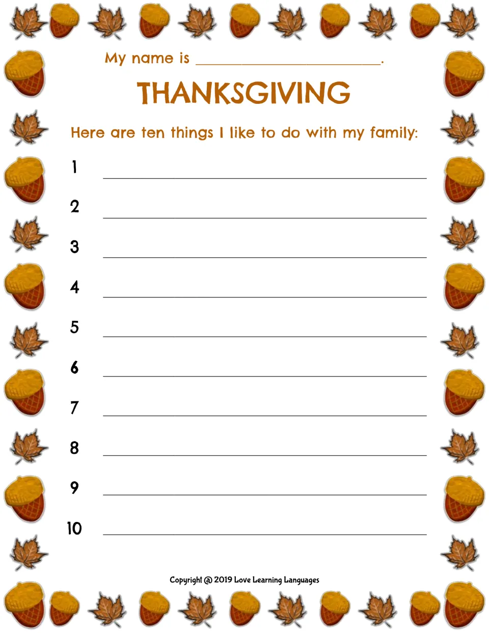 Thanksgiving family writing worksheet: list ten things you like to do with your family, numbered 1–10