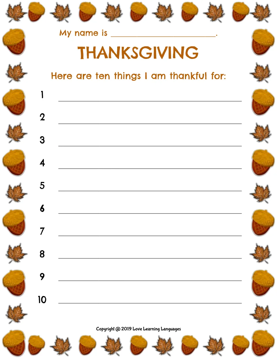 Thanksgiving gratitude writing worksheet: list ten things you are thankful for in entries numbered 1–10