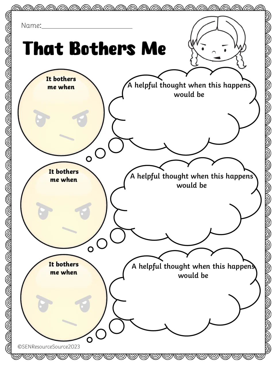 That Bothers Me: students write 3 things that bother them, each beside an angry face, and a helpful thought for each one