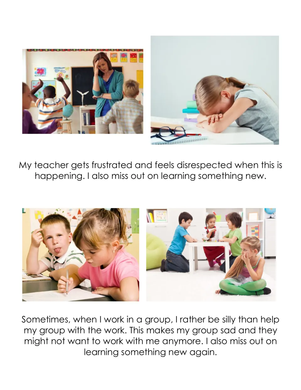 Social story consequences: a frustrated teacher and an upset group show how silliness costs learning and teamwork