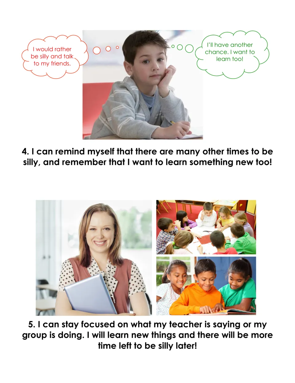 Social story coping steps 4 and 5: a boy's thought bubbles weigh silliness against learning; stay focused on the lesson