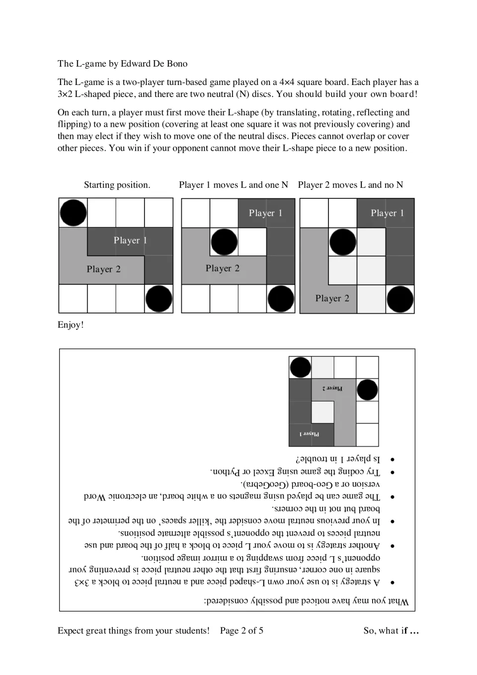 The L-game by Edward De Bono: rules for moving L-shaped pieces and neutral discs on a 4x4 board, with three example moves