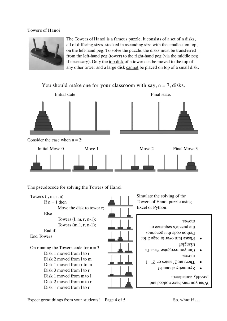 Towers of Hanoi: puzzle rules, the moves for 2 disks, and pseudocode with the 7 moves listed for solving 3 disks