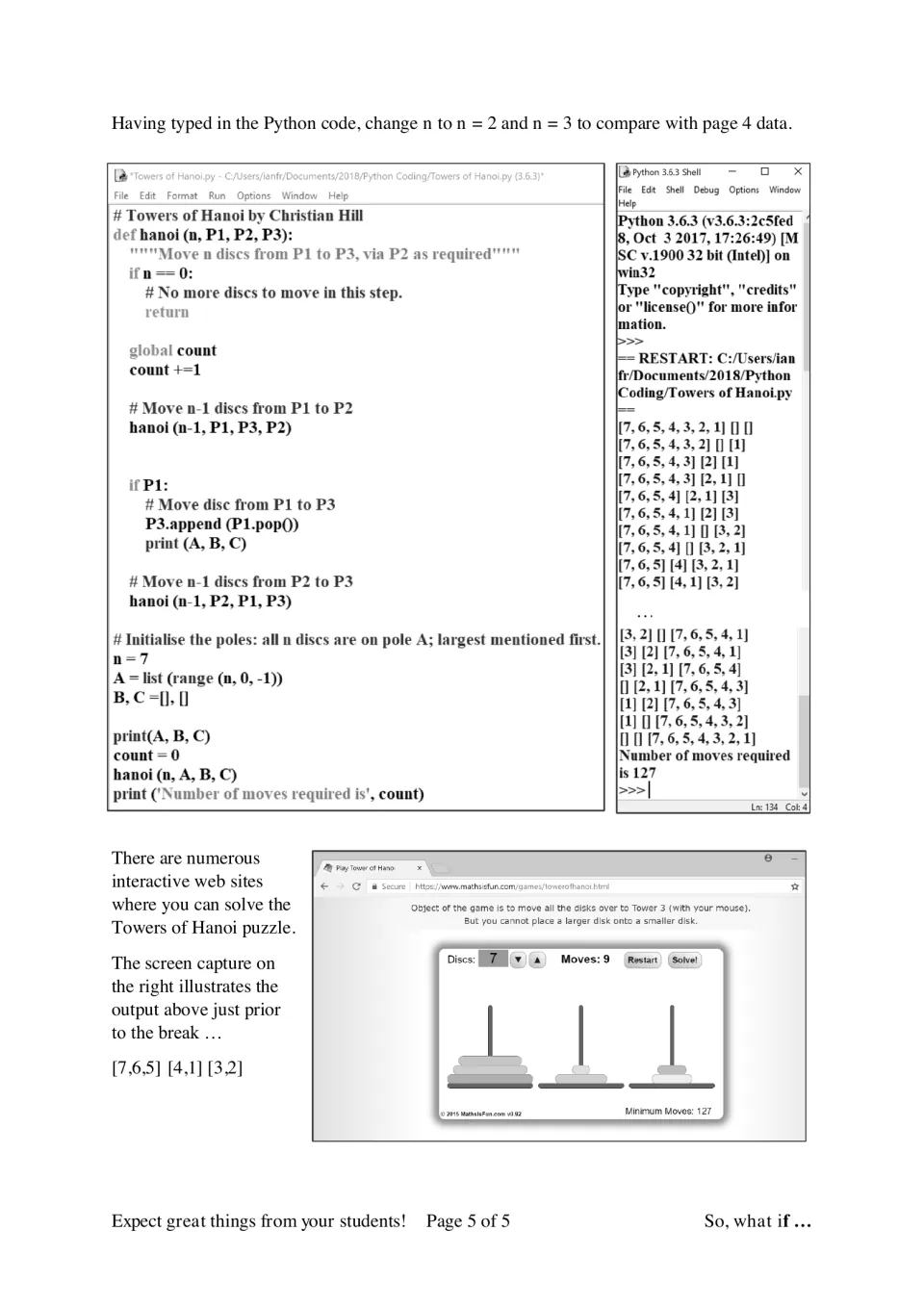 Towers of Hanoi in Python: code and shell output for 7 discs needing 127 moves, plus a screenshot of an online version