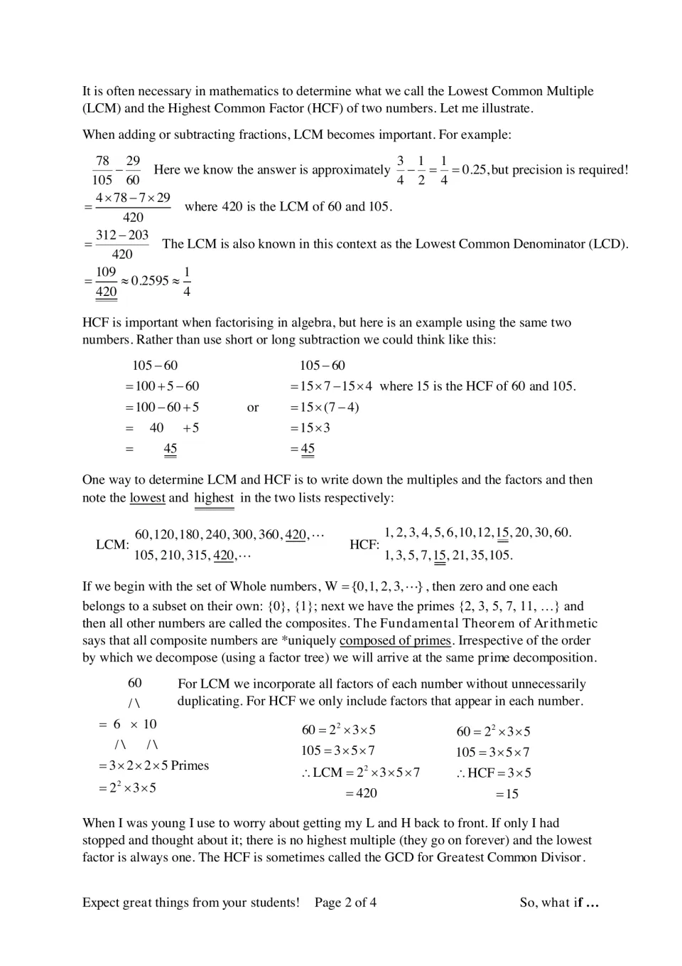 LCM and HCF of 60 and 105 worked through fraction subtraction, listed multiples and factors, and a prime factor tree