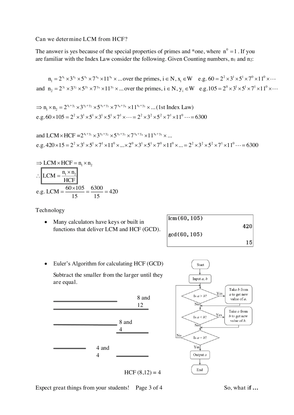 Finding LCM from HCF with index laws (LCM = 60×105÷15 = 420), plus calculator gcd and a subtraction algorithm flowchart