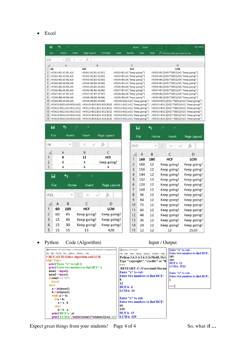 HCF and LCM by repeated subtraction in Excel formulas and Python code, with outputs HCF 15 and LCM 420 for 60 and 105
