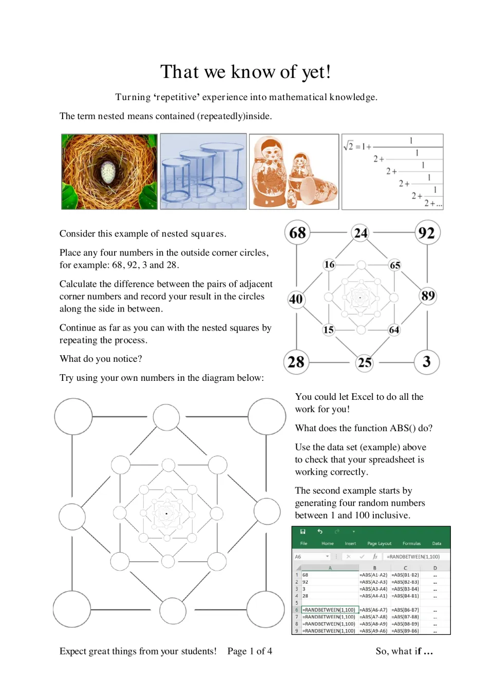 Nested squares: students find differences of adjacent corner numbers, repeat inward, and try it with Excel's ABS()