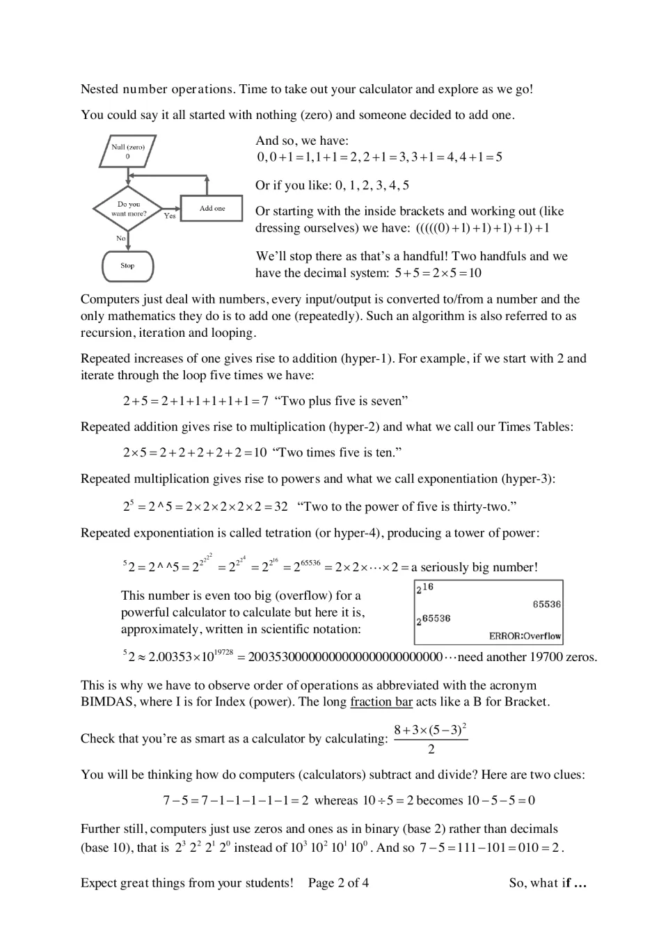 Nested number operations: adding one builds addition, multiplication, powers and tetration; students check BIMDAS by hand