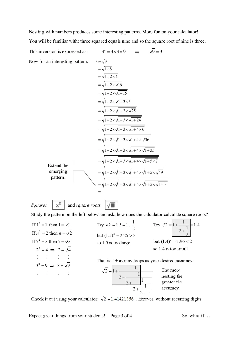 Nested square roots: students extend a pattern showing 3 equals nested radicals and estimate the square root of 2