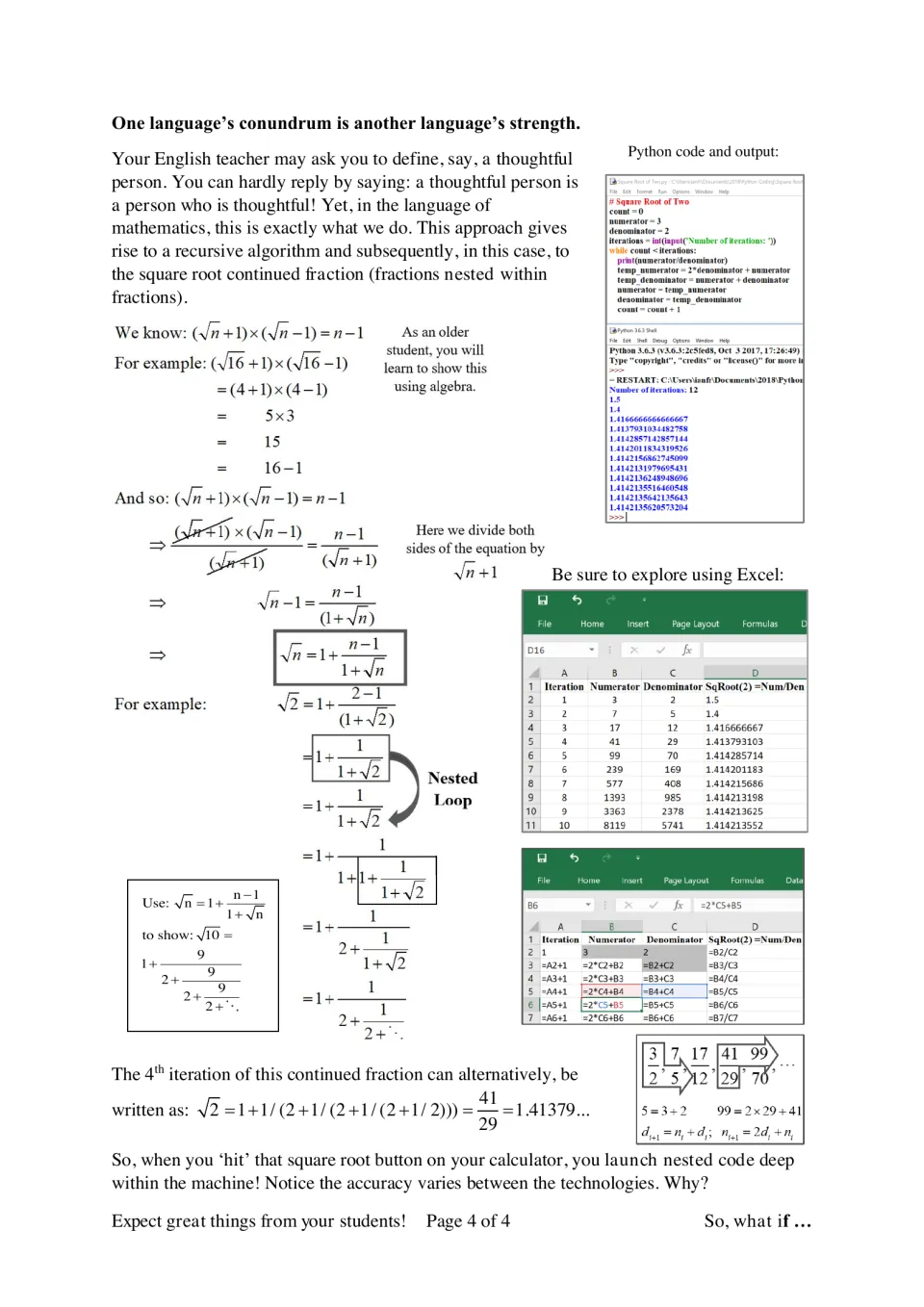 Recursive square roots: students derive a continued fraction for root 2 with algebra, then compare Python and Excel output