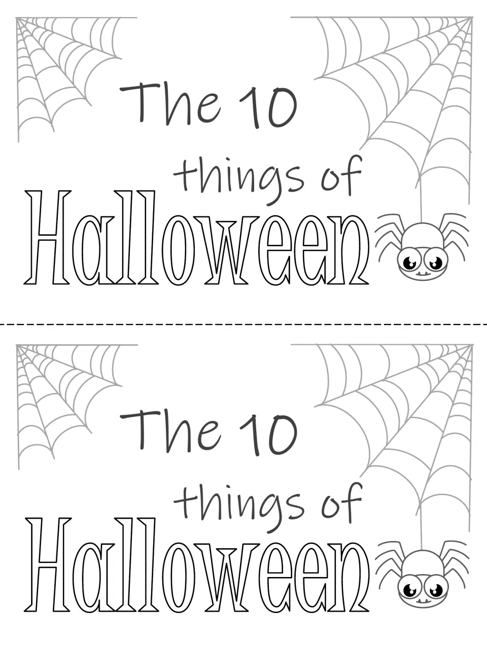 Flip book cover titled 'The 10 Things of Halloween,' printed twice for cutting apart and binding.