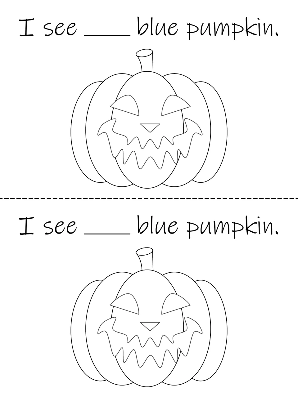 Flip book counting page: one pumpkin and 'I see ___ blue pumpkin,' printed twice to count, write, and color.
