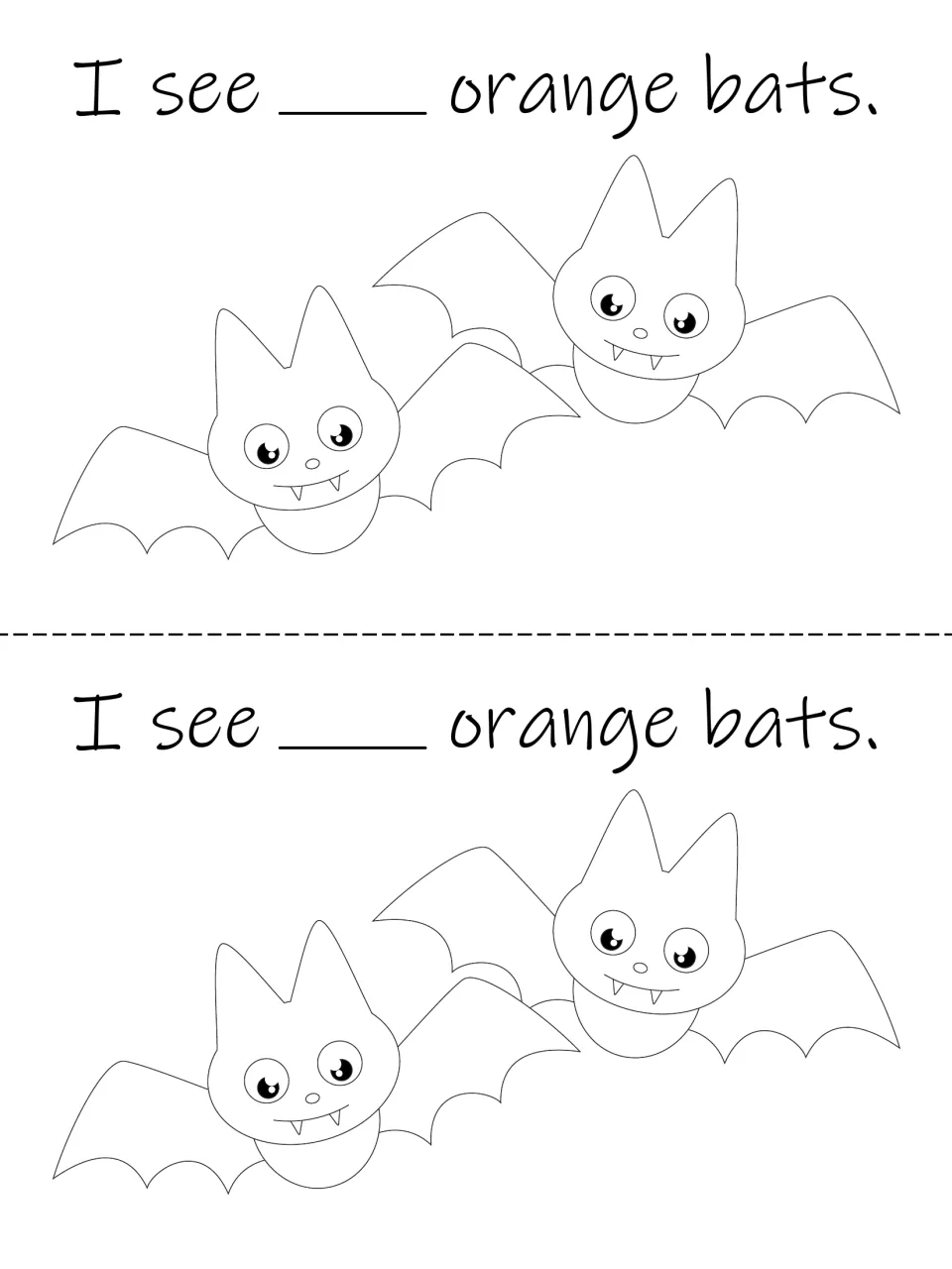 Flip book counting page: two bats and 'I see ___ orange bats,' printed twice to count, write, and color.