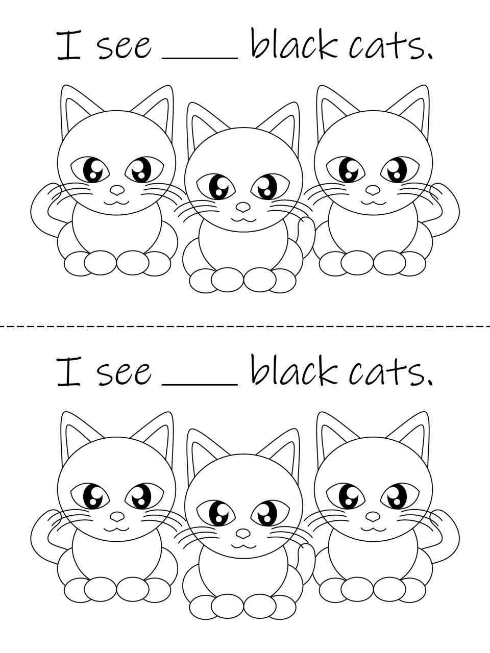 Flip book counting page: three cats and 'I see ___ black cats,' printed twice to count, write, and color.