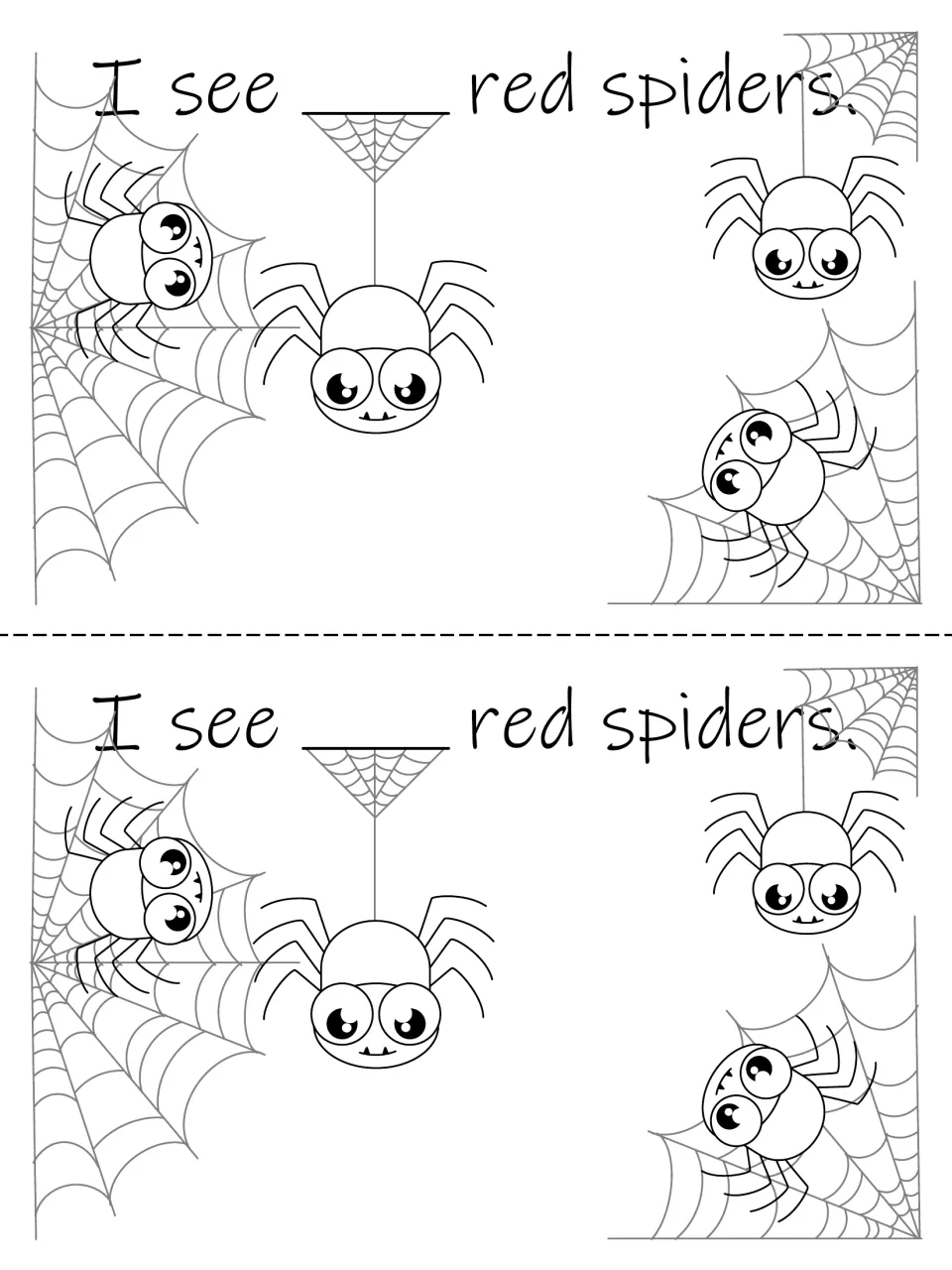 Flip book counting page: four spiders and 'I see ___ red spiders,' printed twice to count, write, and color.