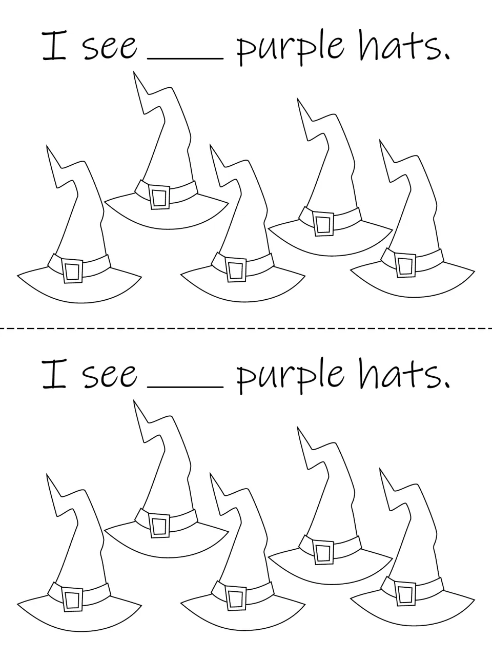 Flip book counting page: five hats and 'I see ___ purple hats,' printed twice to count, write, and color.