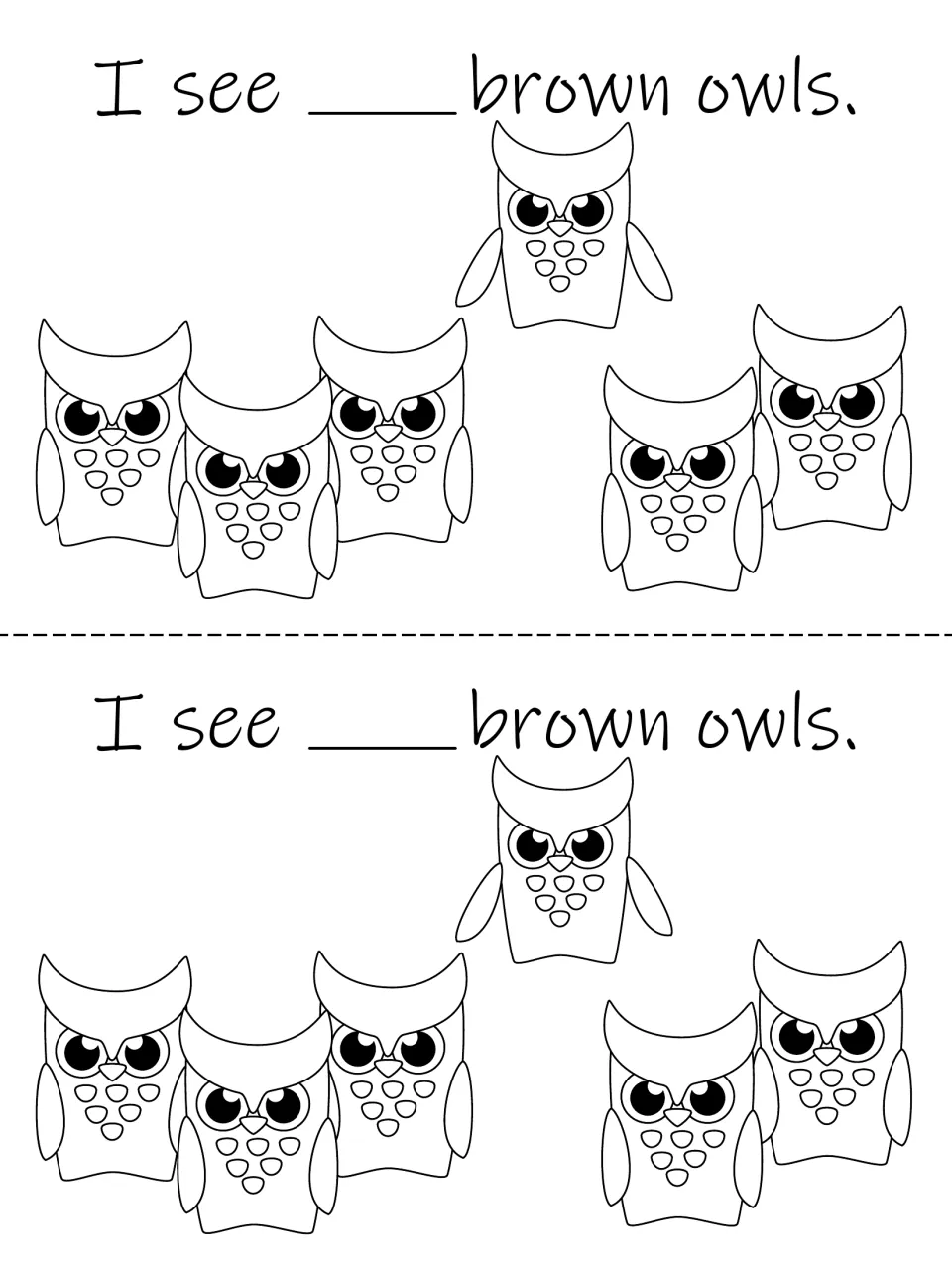 Flip book counting page: six owls and 'I see ___ brown owls,' printed twice to count, write, and color.