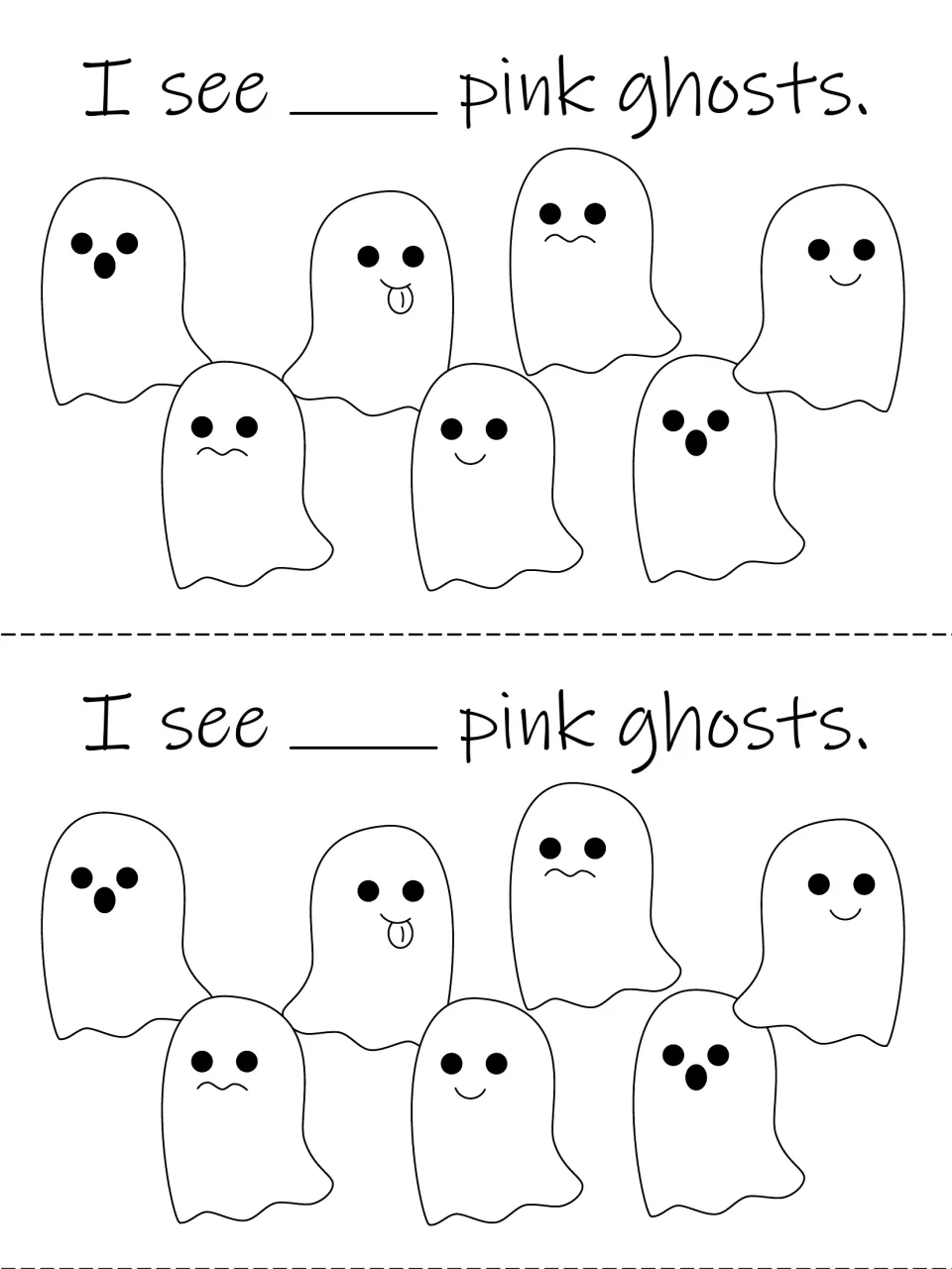 Flip book counting page: seven ghosts and 'I see ___ pink ghosts,' printed twice to count, write, and color.