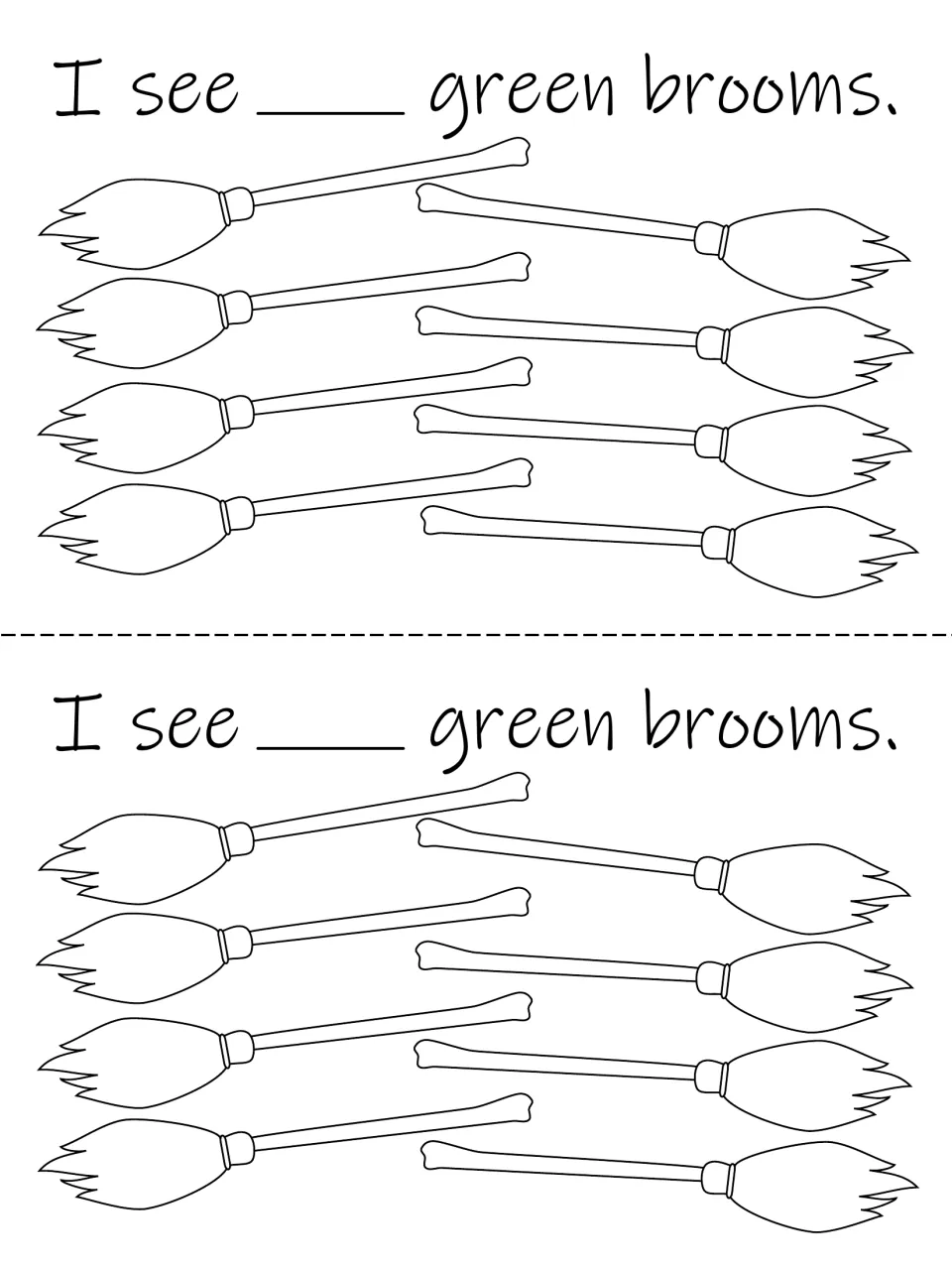 Flip book counting page: eight brooms and 'I see ___ green brooms,' printed twice to count, write, and color.