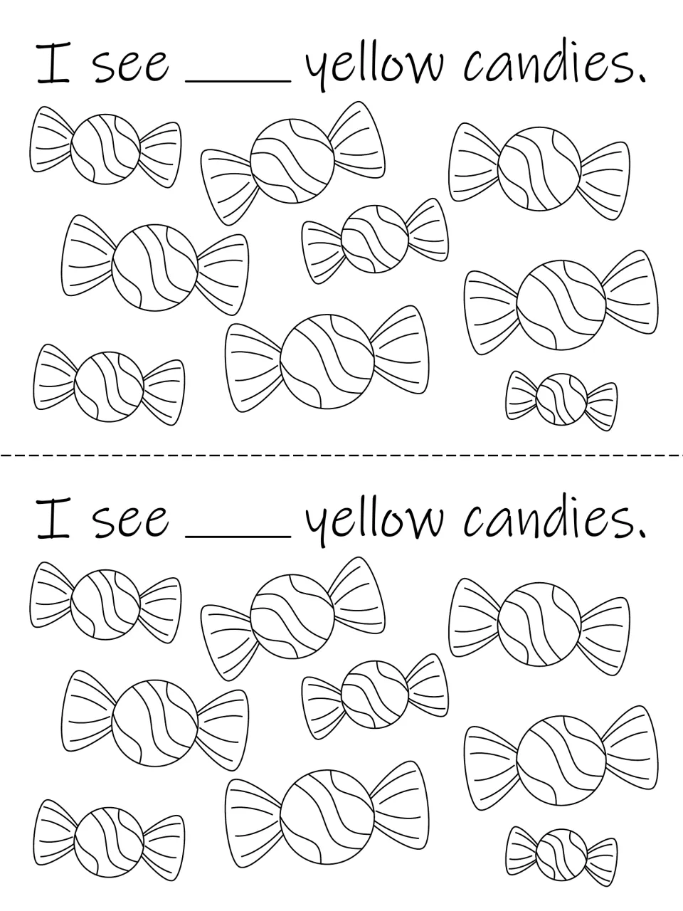 Flip book counting page: nine candies and 'I see ___ yellow candies,' printed twice to count, write, and color.