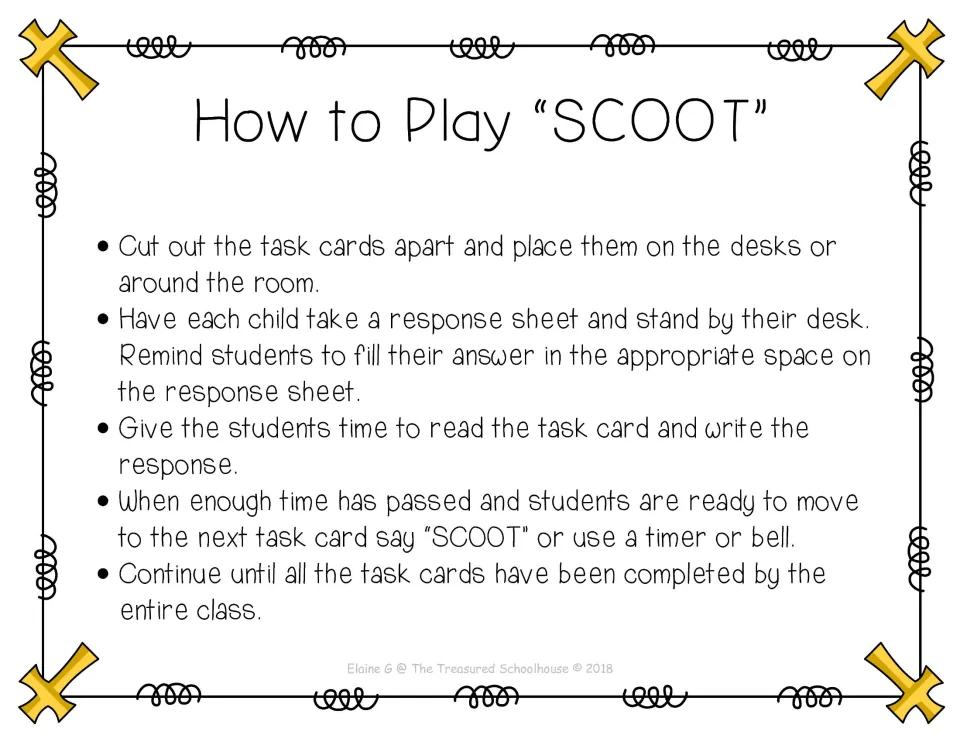 SCOOT directions explain placing task cards, recording answers, and moving on a spoken cue, timer, or bell