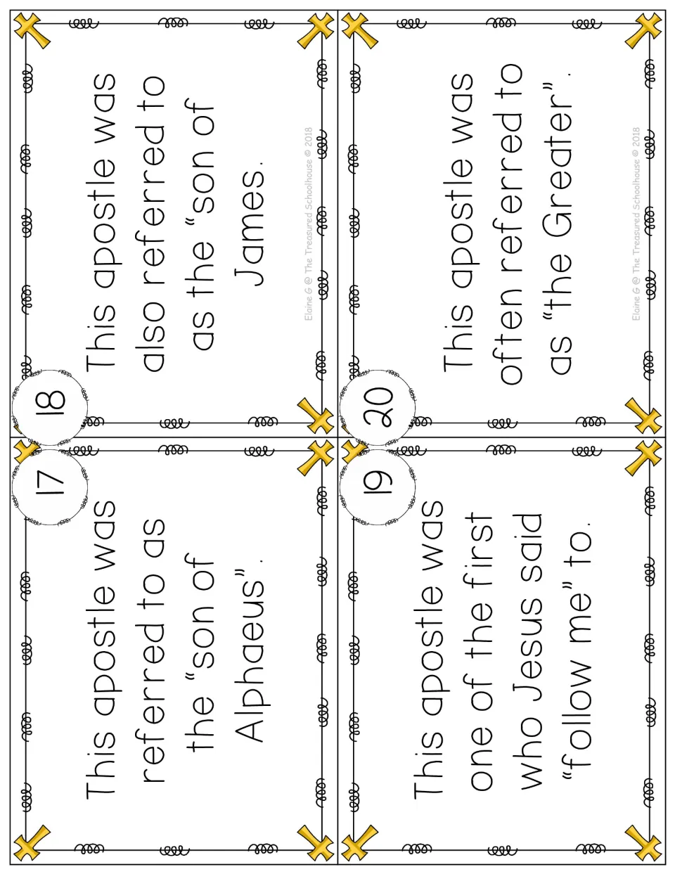 Apostle clue cards 17–20 cover sons of Alphaeus and James, an early call to follow Jesus, and the Greater
