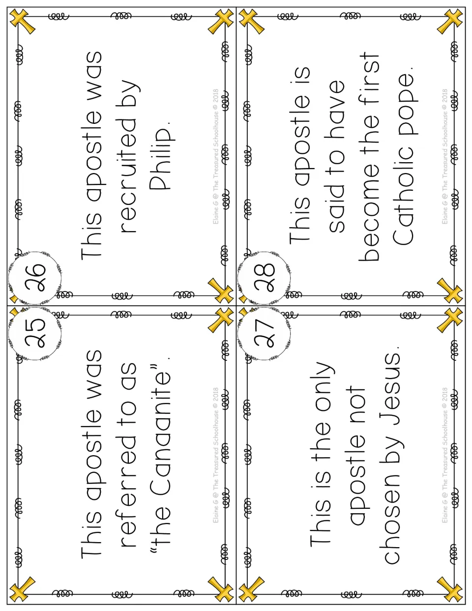 Apostle clue cards 25–28 cover the Canaanite, Philip's recruit, one not chosen by Jesus, and the first pope