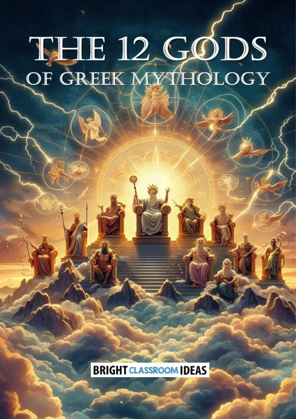 The 12 Gods of Greek Mythology cover: gods seated on thrones above clouds and peaks, with lightning across the sky