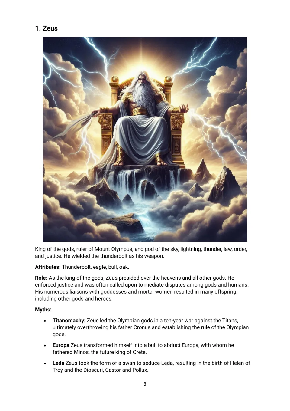 Zeus profile: students read about the sky god's thunderbolt, eagle and oak, his role as king, and the Titanomachy myth