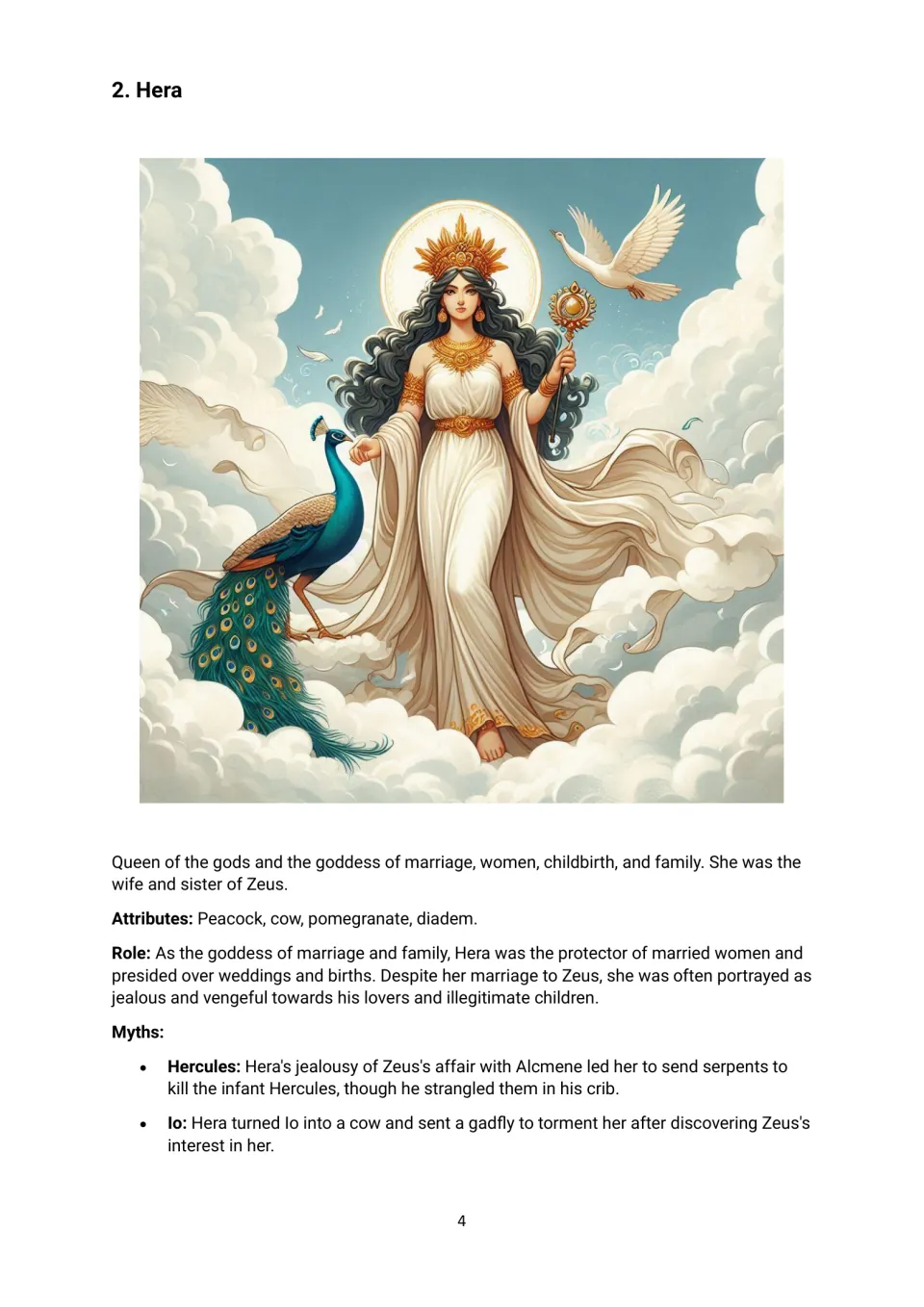 Hera profile: students read about the goddess of marriage, her peacock and diadem, and the Hercules and Io myths