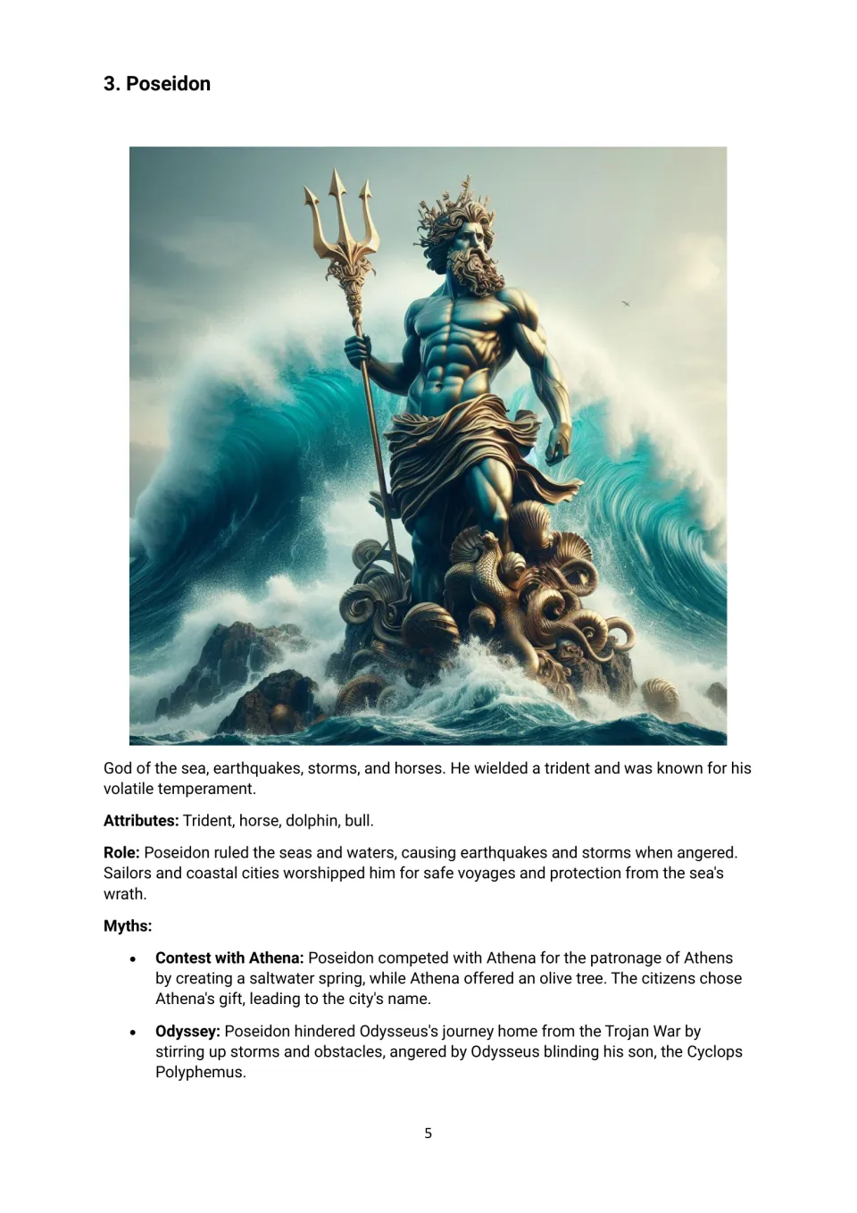 Poseidon profile: students read about the sea god's trident, horses and storms, his contest with Athena and the Odyssey