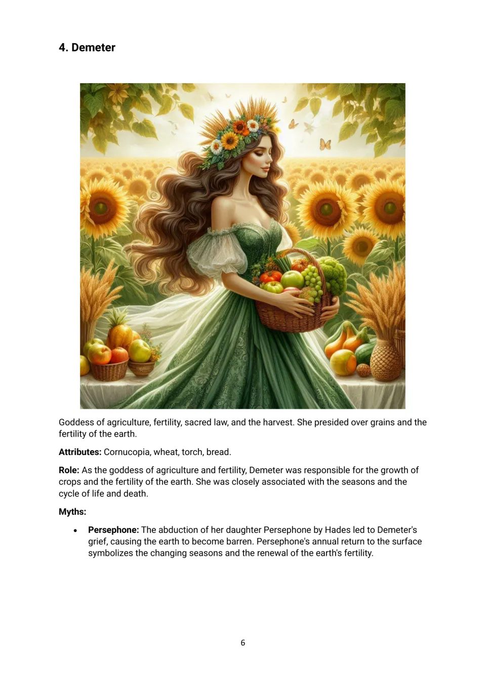 Demeter profile: students read about the harvest goddess, her wheat and cornucopia, and Persephone's myth of the seasons