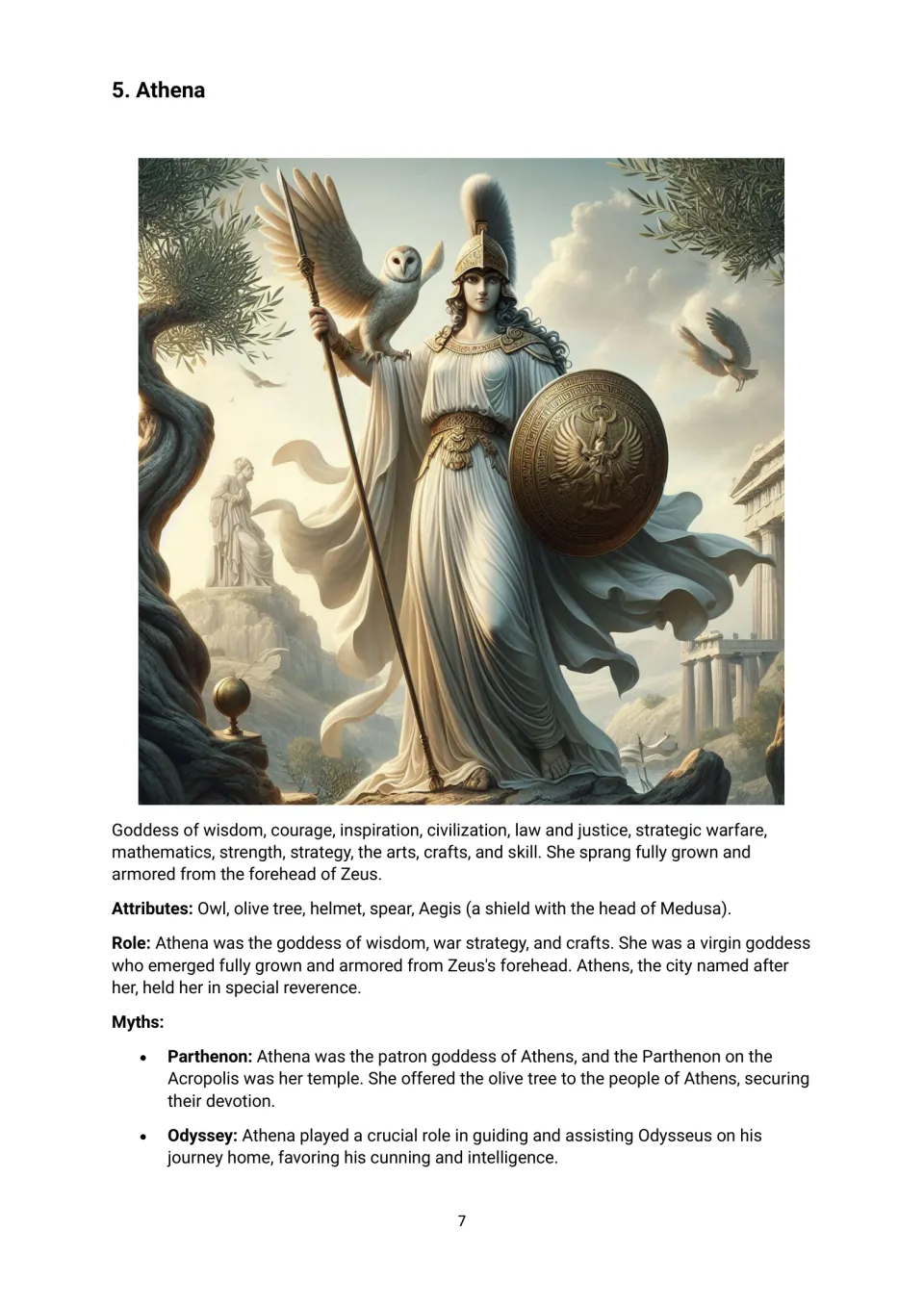 Athena profile: students read about the goddess of wisdom, her owl, spear and Aegis, the Parthenon and her aid to Odysseus