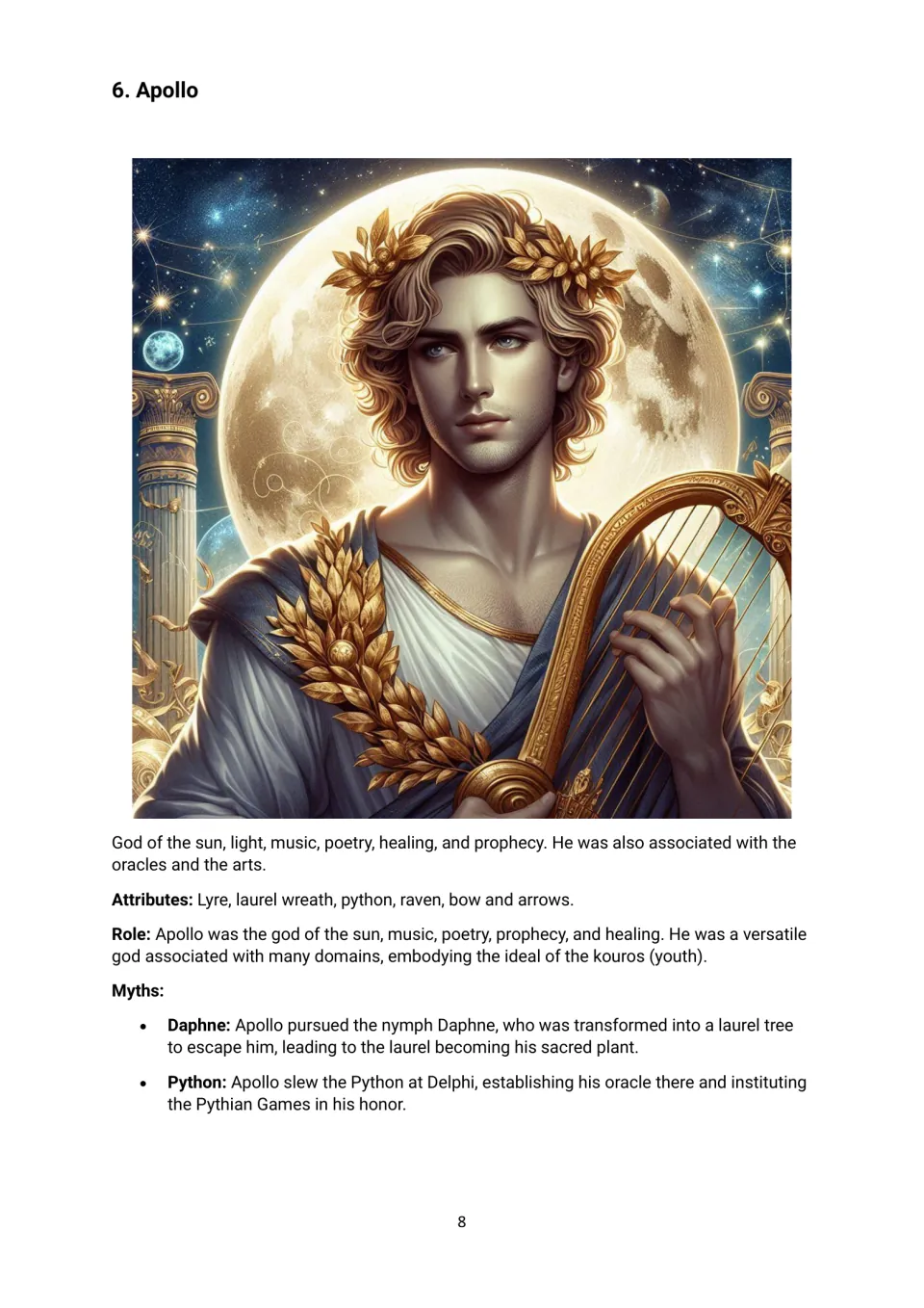 Apollo profile: students read about the god of sun, music and prophecy, his lyre and laurel, the Daphne and Python myths