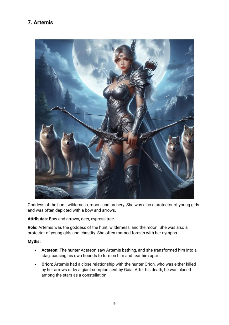 Artemis profile: students read about the goddess of the hunt and moon, her bow and deer, and the Actaeon and Orion myths