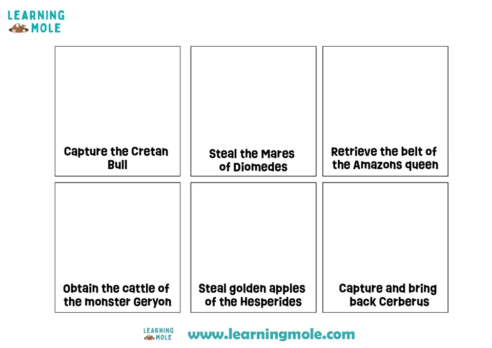 Labours 7 to 12: students draw the Cretan Bull, Mares of Diomedes, Amazon queen's belt, Geryon's cattle, apples and Cerberus