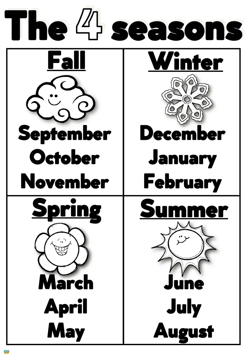 Black-and-white version of the seasons poster, listing all 12 months from September through August.